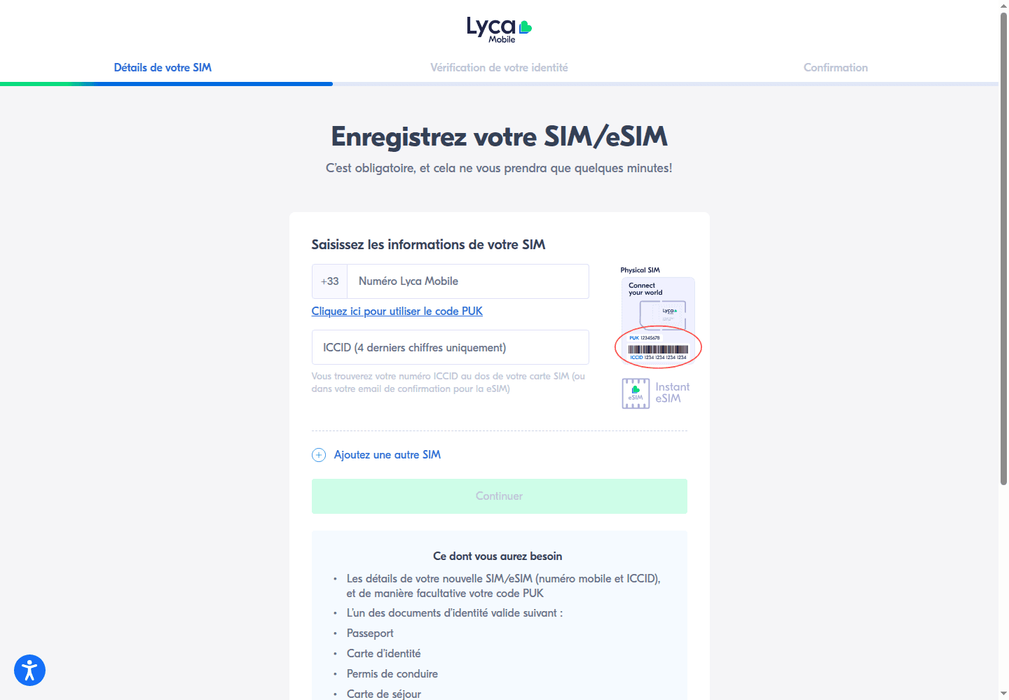 Première étape du formulaire Lyca avec les champs numéro mobile et quatre derniers chiffres de l’ICCID