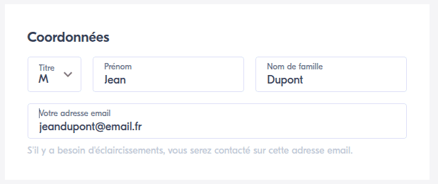 Bloc de coordonnées Lyca avec les champs titre, prénom, nom et adresse électronique