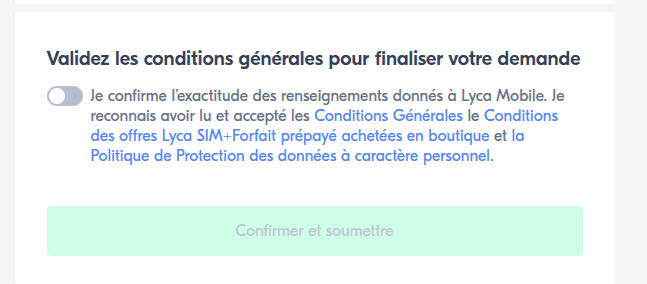 Conditions générales non acceptées et bouton Confirmer et soumettre désactivé