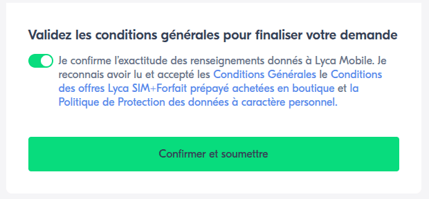 Conditions générales acceptées et bouton Confirmer et soumettre actif en vert