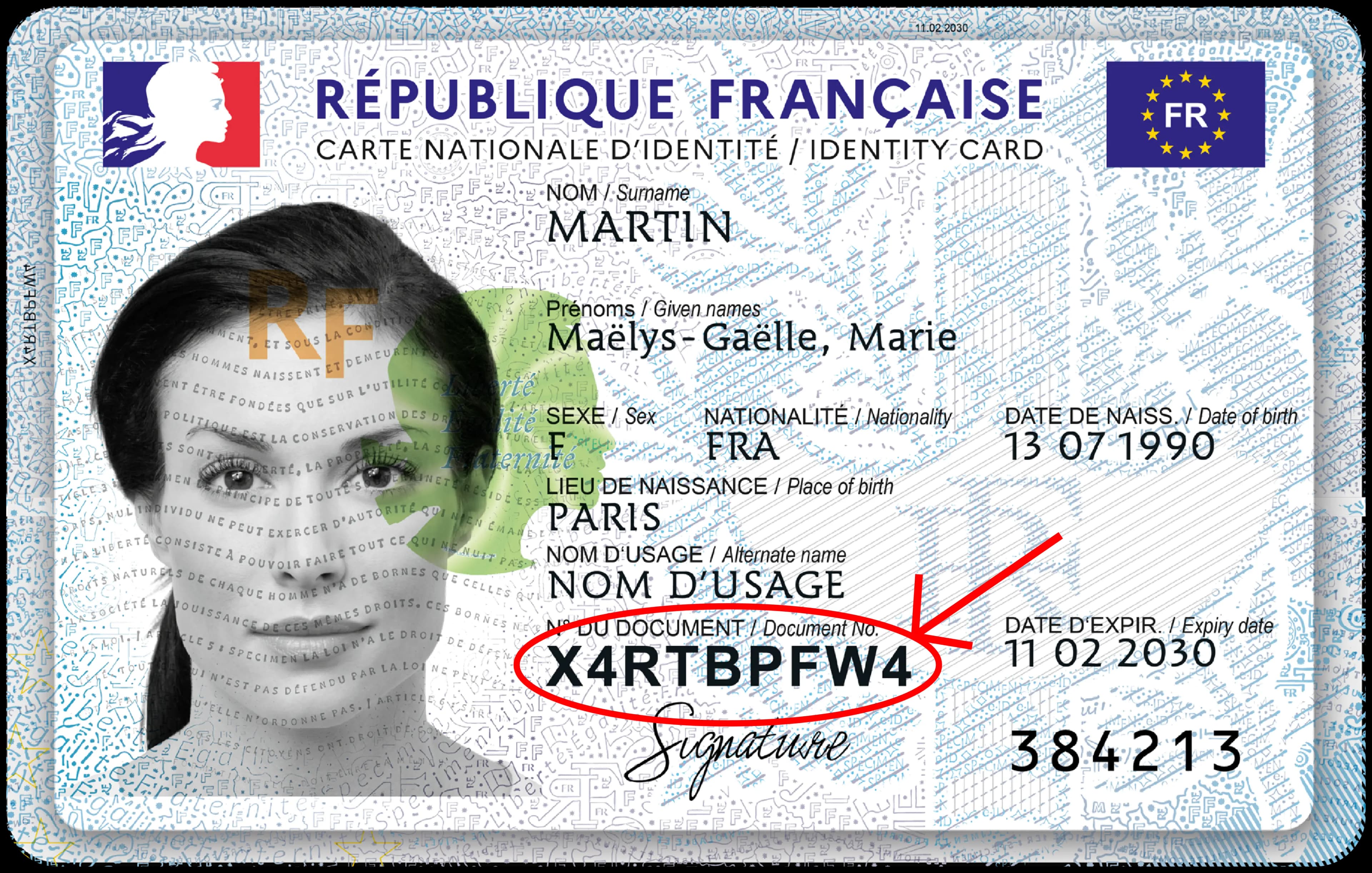 Spécimen de carte nationale d’identité avec le numéro du document entouré