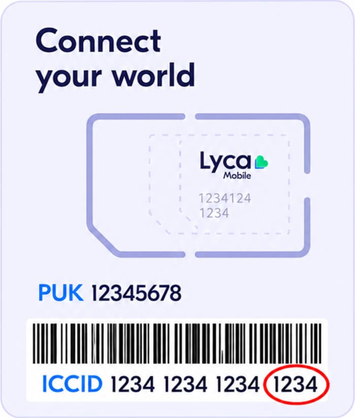 Support de carte SIM Lyca avec les quatre derniers chiffres de l’ICCID entourés en rouge