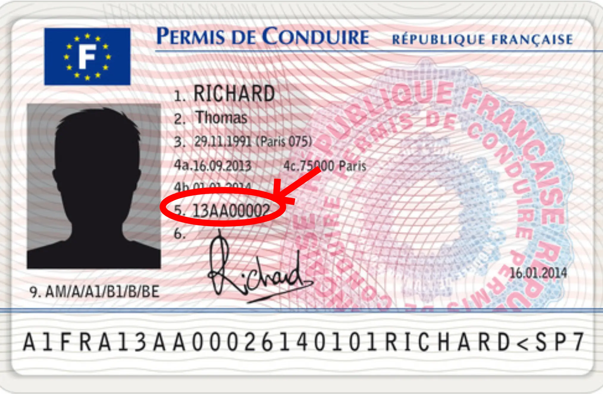 Spécimen de permis de conduire avec le numéro du document entouré