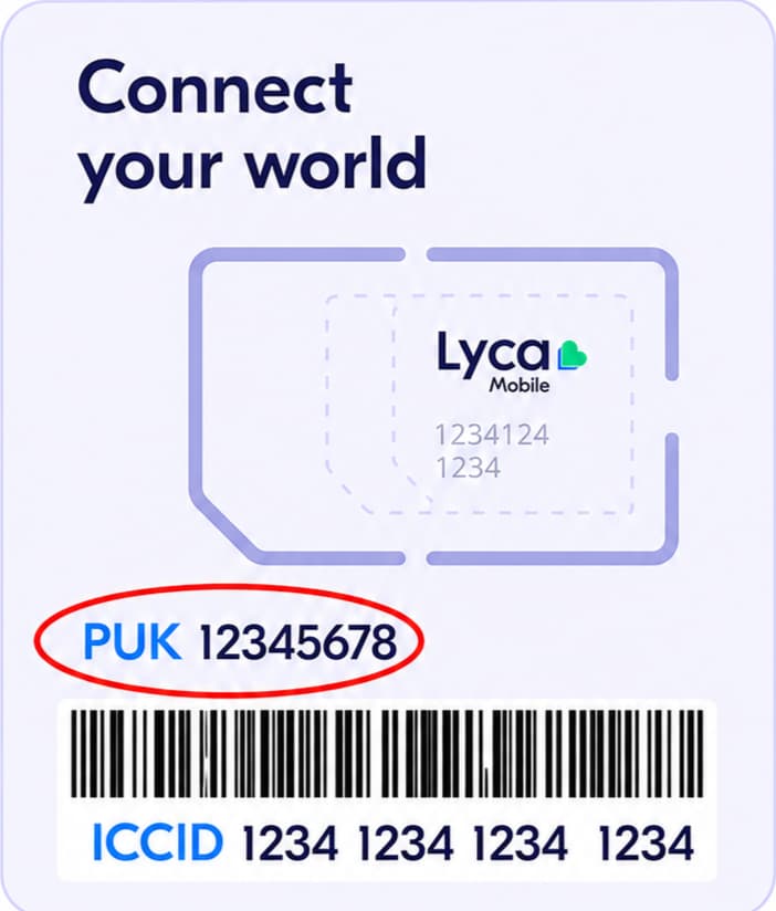 Support de carte SIM Lyca avec l’emplacement du code PUK entouré en rouge