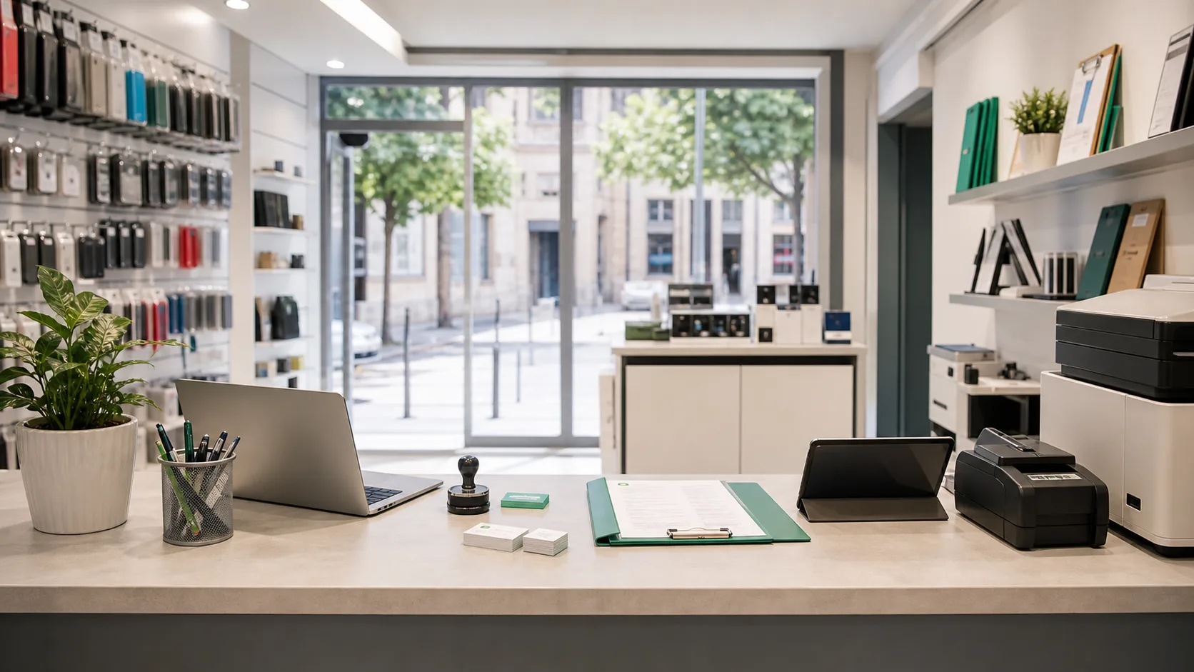 Comptoir d’un commerce de proximité équipé pour l’impression et les services numériques
