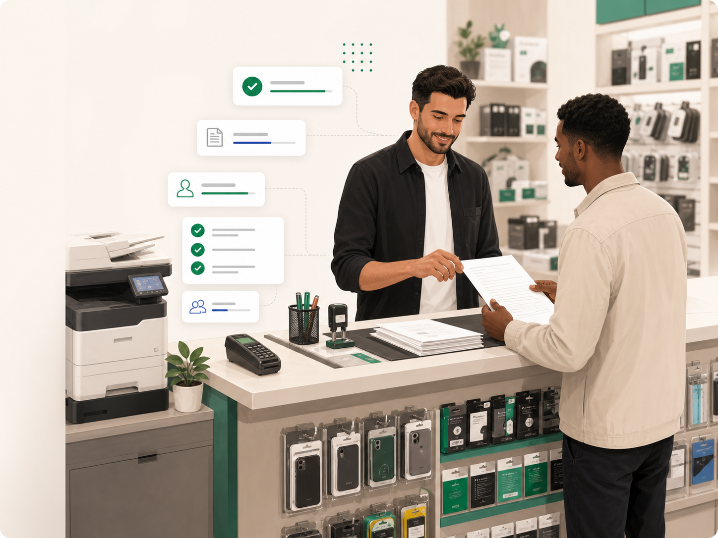 Comptoir de boutique avec imprimante, documents et services Netzo