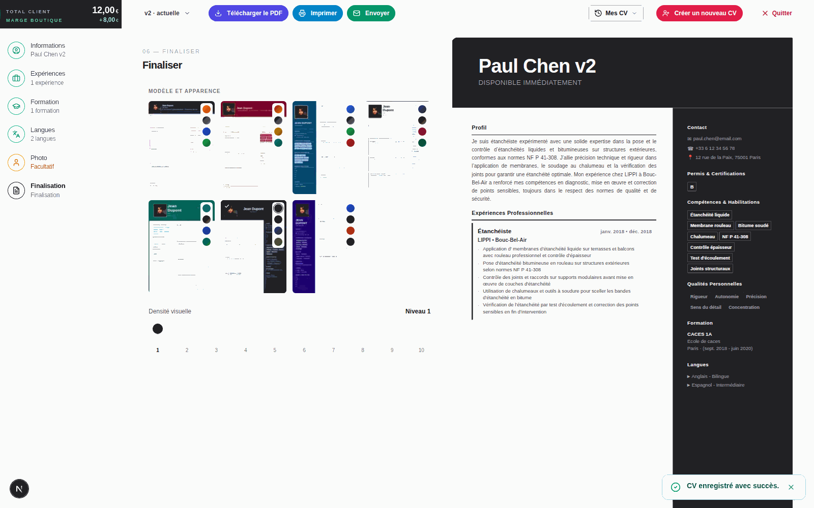 Surlignage du bouton Créer un nouveau CV dans la barre d’actions