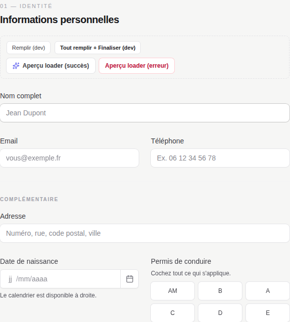 Étape Informations personnelles (identité)